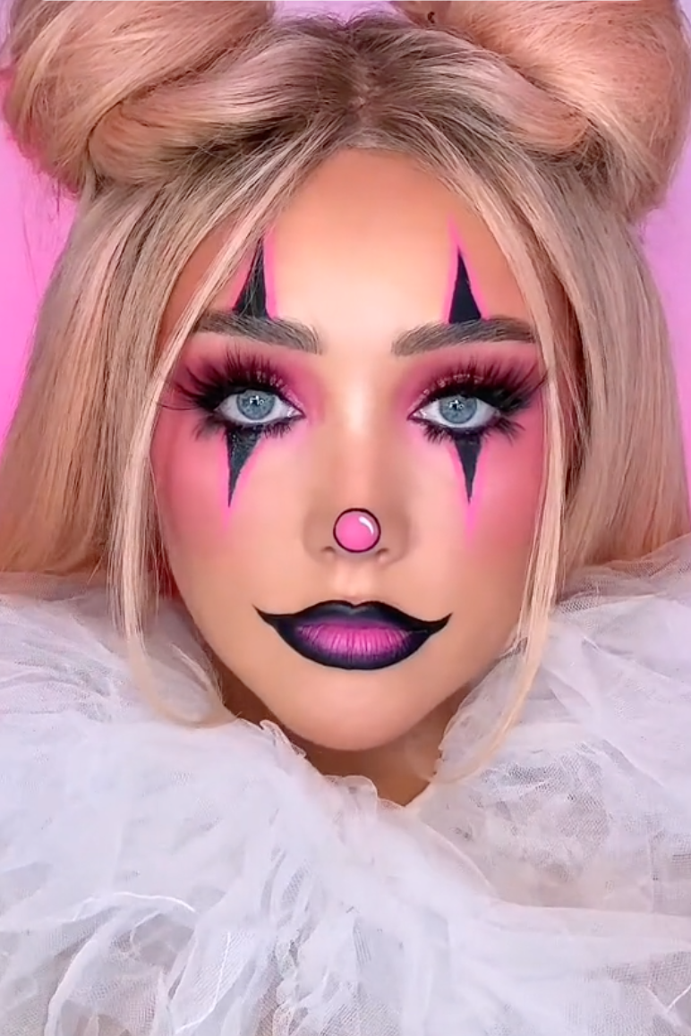 Pink Clown Halloween Makeup Tutorial with TikTok link attached.